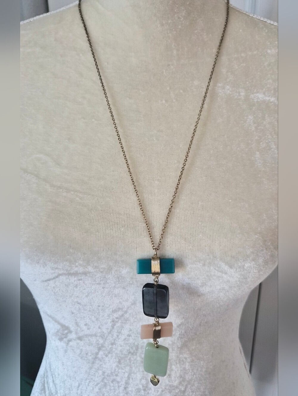 Noonday Pastel Stone Vertical Bar Necklace Gold Tone Long Chain Boho Minimalist